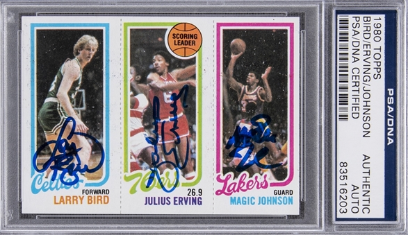 1980-81 Topps Larry Bird, Julius Erving and Magic Johnson Rookie Card – Signed by All Three Hall of Famers! – PSA/DNA Authentic